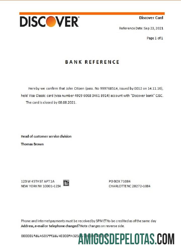 Referência de fechamento do USA Discover exemplo real